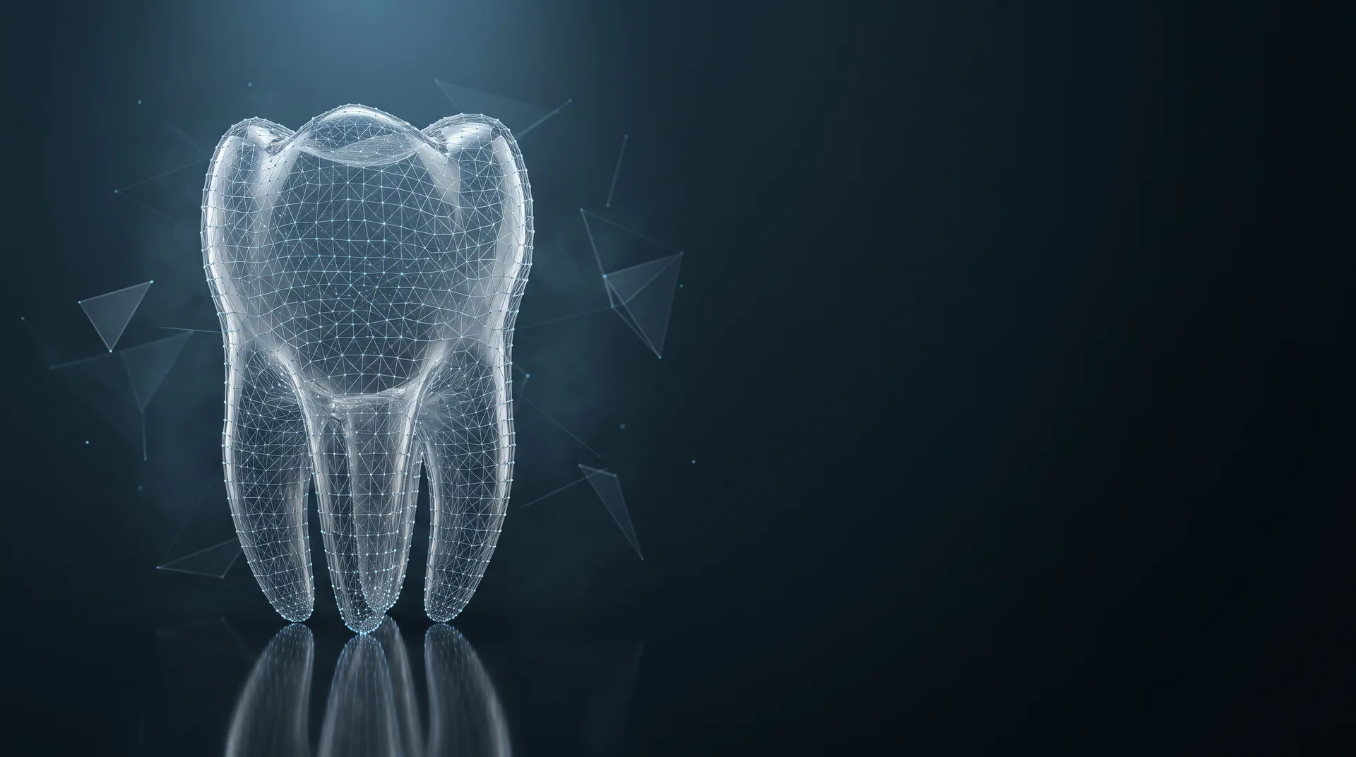 Modelo digital de um dente em três dimensões, desenhado por uma malha de linhas e pontos sobre fundo escuro.